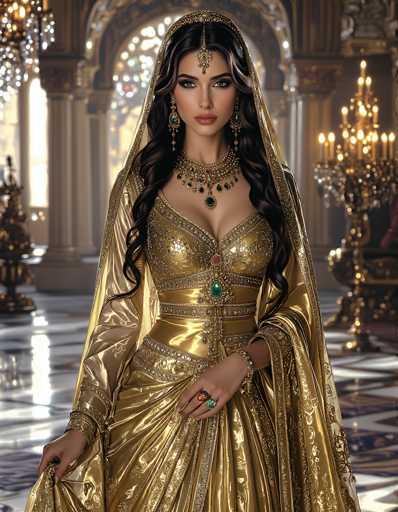 The image depicts a highly detailed, photorealistic AI-generated portrayal of a young woman, possibly of Indian or Middle Eastern descent, standing in an opulent, grand palace. She is adorned in a stunning, form-fitting gold gown with intricate silver and gemstone embellishments, including a low-cut neckline and a tight-fitting bodice. The dress features a flowing, silky gold veil that drapes elegantly over her head and shoulders. Her long, dark brown hair cascades down, framing her face, which is accentuated with heavy makeup, including dark eyeshadow, mascara, and pink lipstick. She wears a striking gold headpiece with a central jewel that extends down to her forehead, complemented by dangling green earrings and a large, ornate necklace with green and red jewels. Her hands are adorned with multiple rings and bracelets, and she holds the edge of her dress with both hands. The background reveals a grand palace setting with white marble floors, large windows, and tall white columns. To her right, a grand candelabra with numerous lit candles adds to the luxurious ambiance. The overall scene exudes an air of regality and splendor, reminiscent of a modern-day princess or queen.