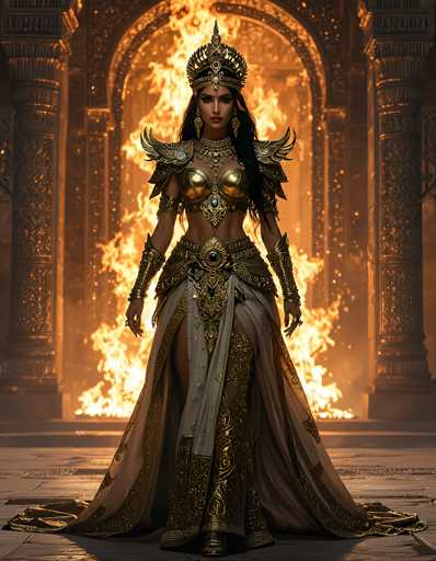 The image depicts a striking scene of a woman adorned in elaborate gold armor and a flowing white dress, standing in front of a blazing fire. The background features a grand, ornate archway with intricate carvings, partially obscured by the flames. The woman, who appears to be of Indian descent, has long black hair cascading down her shoulders. She wears a majestic crown with a jewel hanging between her eyes, and her armor includes a breastplate, shoulder pads, and arm guards. Her attire is completed by a flowing white dress that reveals her legs and extends into a train behind her. The overall composition creates a dramatic and intense atmosphere, with the fire casting a warm glow on the scene.