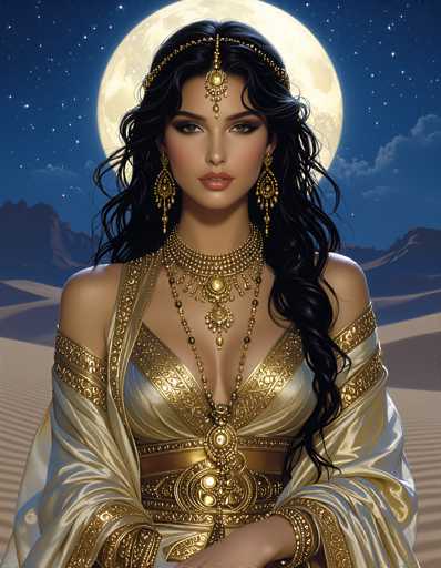 The image depicts a highly detailed, computer-generated portrayal of a young woman, possibly of Middle Eastern or Indian descent, standing in a desert landscape. She has long, wavy black hair cascading over her left shoulder and is adorned with intricate gold jewelry, including a headband, dangling earrings, a choker necklace, and a long necklace with a pendant. Her attire features a gold and white dress with a low-cut neckline, complemented by a flowing white robe with gold trim. The background showcases a starry night sky with a large, glowing full moon partially obscured by her head, and distant mountains silhouetted against the celestial backdrop. The overall scene exudes a mystical and ethereal atmosphere, blending elements of traditional cultural dress with a fantastical setting.