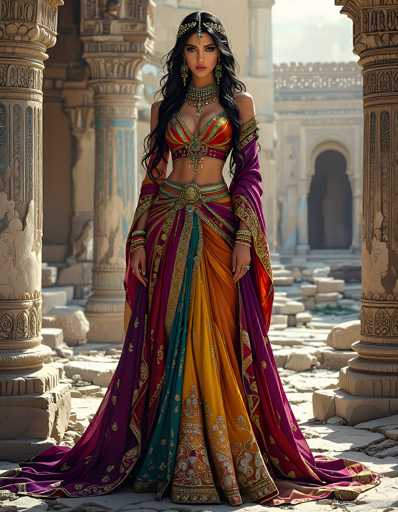 The image depicts a highly detailed, computer-generated scene of a woman standing in the foreground of an ancient, dilapidated building. The structure, reminiscent of a castle or temple, features tall, ornate columns with intricate designs, though they are now crumbling and covered in cracks. The ground is littered with large, scattered stones, adding to the sense of decay.

The woman, who appears to be of Indian descent, has long, wavy black hair cascading down her shoulders. She wears an elaborate headdress adorned with a gold pendant that extends down the center of her forehead. Her attire is a stunning, multicolored ensemble that includes a red and gold bra-like top, a matching skirt, and a flowing cape in shades of purple, red, and gold. She accessorizes with a thick, ornate necklace and long, dangling earrings, completing her regal appearance.
