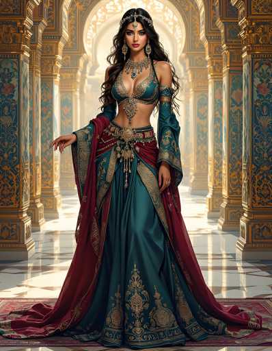 The image depicts a highly detailed, computer-generated or AI-generated artwork of a woman standing in a grand, ornate hallway. The hallway features tall, intricately designed columns adorned with gold and blue patterns, and a white marble floor. The woman, who appears to be of Indian or Middle Eastern descent, has long, wavy black hair and is wearing a silver tiara with a jewel hanging in front of her forehead. She is dressed in an elaborate outfit that includes a blue and gold bikini top, a matching skirt, and a flowing red cape. Her attire is further embellished with a large, ornate necklace and long, dangling earrings. She stands confidently, with her left hand resting on her hip and her right hand extended outward, as she gazes directly at the viewer. The overall scene exudes a sense of regality and opulence, with the woman's attire and the ornate surroundings creating a striking visual impact.