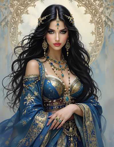 The image depicts a highly detailed, computer-generated portrayal of a young woman, possibly in her late teens or early twenties, with long, wavy black hair cascading down to her waist. She has striking green eyes and is adorned with elaborate, ornate jewelry. Her attire is a luxurious blue dress with gold accents, featuring a low-cut neckline that reveals some cleavage. The dress is complemented by a matching blue and gold cape that drapes elegantly over her shoulders. She wears a large, ornate necklace with blue and green jewels, a choker with similar jewels, and a long, dangling earring on each ear. A golden headpiece with blue jewels adorns her forehead, and a blue jewel hangs from her nose. Her right hand, which rests on her hip, showcases two rings, one with a blue jewel and the other with a white jewel. The background is a light blue with a subtle, intricate design, enhancing the overall regal and sophisticated appearance of the woman.