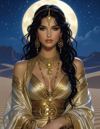 A woman with long dark hair wearing a gold headpiece and earrings stands against the backdrop of a full moon and desert landscape.