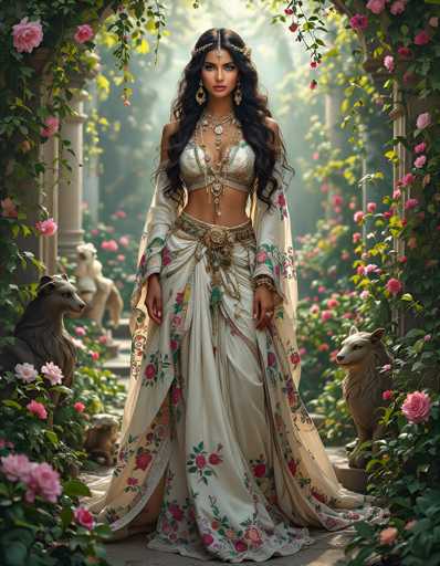 A stunning digital painting of a beautiful woman in an elaborate, flowing white and floral gown, standing amidst a lush garden. The woman is adorned with intricate jewelry and has long, dark, wavy hair cascading down her shoulders. She's wearing a detailed, ornate belt and the gown features vibrant floral patterns in shades of pink, red, and green. The background is a soft-focus garden with blooming roses, ivy, and stone architecture, creating a dreamy, ethereal atmosphere. Two sculpted lion figures flank the woman on either side, adding to the fantastical setting. The overall lighting is soft and warm, enhancing the magical quality of the scene.
