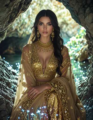 The image depicts a young woman, possibly of Indian or Middle Eastern descent, seated gracefully in a cave. She has long, dark brown hair that cascades over her left shoulder, and her complexion is a warm tan. Her attire is a stunning, intricately designed gold dress adorned with floral patterns and delicate lace details. The dress features a low-cut top that reveals a hint of cleavage, and a flowing skirt that extends to the floor. She accessorizes with large, ornate gold earrings and a matching choker necklace, both embellished with intricate designs. Her makeup is elegantly applied, with pink lipstick and carefully manicured eyebrows. The cave setting is dimly lit, with sunlight streaming in from the top, creating a serene and mystical atmosphere. The woman's pose is poised and serene, with her left hand resting on her right knee, and she gazes directly at the camera, exuding a sense of calm and confidence.