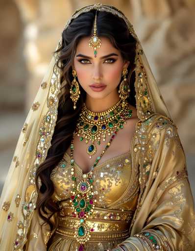 A woman is captured in a close-up portrait against an ancient stone wall backdrop. She wears a gold and green dress with a large headpiece that includes a turban on her head. The dress features intricate embroidery along the neckline and sleeves, adding to its opulence. The woman's hair is styled in loose curls, complementing her overall look.