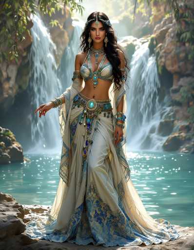The image depicts a young woman, possibly of Middle Eastern or Indian descent, standing on a rocky outcrop at the edge of a serene lagoon. She is adorned in an elaborate, traditional outfit that features a cream-colored skirt with intricate blue and gold floral patterns, and a matching bra-like top. Her attire is further embellished with numerous pieces of jewelry, including a large blue gemstone belt, multiple bracelets, and a long necklace with a prominent blue pendant. She has long, dark brown hair cascading down her shoulders, and she wears a headpiece with a jewel hanging between her eyes. The background showcases a picturesque scene with three waterfalls flowing into the lagoon, surrounded by rocky terrain and lush greenery. The woman gazes directly at the camera, exuding a sense of grace and cultural richness.