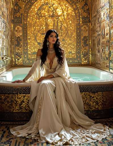 In this captivating image, a woman is seated gracefully on the edge of a luxurious, egg-shaped bathtub filled with light blue water. She is adorned in a stunning, long white gown that features intricate gold embroidery along the front and sides, complemented by a matching gold belt. The dress has a deep V-neckline that plunges down to her waist, revealing a hint of cleavage. Her arms are elegantly draped over the sides of the tub, showcasing her long, dark brown hair that cascades down to her chest. She wears a thick, ornate gold necklace that adds to her regal appearance, along with long, dangling earrings that catch the light. The background is a dazzling display of gold, with walls and a mosaic-like floor that create a shimmering, opulent atmosphere. The floor beneath her is particularly striking, adorned with a mosaic of gold, blue, and red tiles. The overall scene exudes a sense of grandeur and elegance, reminiscent of a royal bathhouse.