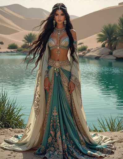 A stunning woman stands gracefully in front of a serene body of water, framed by majestic sand dunes and lush palm trees. She is adorned in a breathtaking ensemble that features a light blue and gold bra-like top, intricately detailed with beads and jewels. Her outfit is complemented by a flowing skirt in shades of blue and gold, which cascades elegantly to the ground. A delicate white shawl with intricate gold designs drapes over her arms and shoulders, adding an extra layer of elegance. Her long, flowing black hair is crowned with a regal headpiece, and she wears large, ornate earrings that dangle gracefully. Her neck is adorned with a thick, jeweled necklace that adds to her majestic appearance. The woman's hands are adorned with multiple rings, and her nails are painted a striking red. She gazes directly at the camera, exuding confidence and grace. The water behind her is a mesmerizing blend of blue and green, with gentle ripples that reflect the sunlight. The sand dunes in the background are a warm tan color, and the palm trees add a touch of tropical beauty to the scene. The sky above is a clear, light blue, completing this picturesque and serene moment.