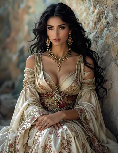 A stunning photograph captures a woman with long, wavy black hair cascading down her back. She is adorned in a luxurious, cream-colored dress embellished with intricate red and green floral patterns. The dress features a deep V-neckline, revealing a hint of cleavage, and is cinched at the waist with a matching belt. Her ensemble is complemented by a large, ornate necklace that drapes elegantly over her chest, and she wears long, dangling earrings that add to her regal appearance. The woman's expression is one of serene confidence, with her hands resting gently on her lap. She gazes directly at the camera, exuding an aura of timeless beauty and grace.