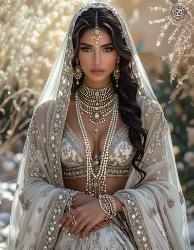 The image shows a woman wearing traditional Indian attire, including a white and gold dress with intricate embroidery on the bodice and skirt. She is also wearing a headpiece made of gold and adorned with pearls. The background features a natural setting with plants and trees, creating an outdoor or garden-like atmosphere.