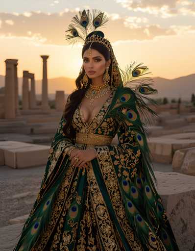 A woman is standing on a stone platform with her back to the camera, wearing a long, ornate green and gold dress adorned with peacock feathers. She has a crown on her head and is wearing a necklace and earrings. The setting appears to be an ancient ruins or temple, suggesting that she might be in a historical or cultural context.