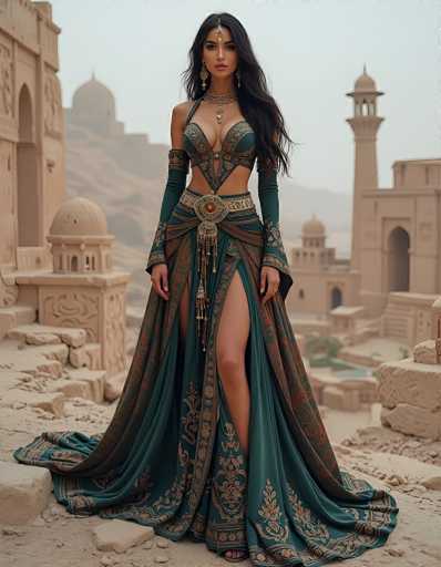 A captivating photograph features a woman standing in front of an ancient, sandy-colored stone building, possibly located in the Middle East. The structure, adorned with intricate carvings and domes, exudes an air of historical grandeur. The woman, with long black hair cascading over her left shoulder, gazes directly at the camera. She wears a striking green and gold dress, intricately designed with a halter top and a V-shaped cutout that reveals her midriff. The dress, embellished with gold floral patterns, flows elegantly to the ground, with a slit on the left side that showcases her leg. She accessorizes with a gold belt and a piece of jewelry hanging from her forehead, adding to her regal appearance. The backdrop of distant mountains and a clear blue sky enhances the timeless beauty of the scene.