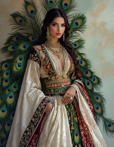 This image portrays a young woman, possibly of Indian or Middle Eastern descent, adorned in an elaborate and ornate dress. The dress is a striking combination of white silk with intricate gold embroidery, featuring a deep V-neckline that reveals a portion of her chest. The sleeves are loose-fitting and extend to her wrists, where she wears a large ring on her left hand. Her attire is further embellished with a sash around her waist, decorated with vibrant green, red, and gold patterns.

Her long, dark brown hair cascades down her back, complementing her fair skin and the heavy makeup that accentuates her eyes and lips. She wears large, dangling earrings and multiple necklaces, including a prominent choker and a longer necklace adorned with pearls and jewels.

Behind her, a magnificent fan of peacock feathers extends from her shoulders to the floor, creating a dramatic and regal backdrop. The feathers are a mix of green, blue, and brown, adding to the overall opulence of her appearance. The background features a mottled pattern of light blue and brown, enhancing the rich and luxurious feel of the portrait.