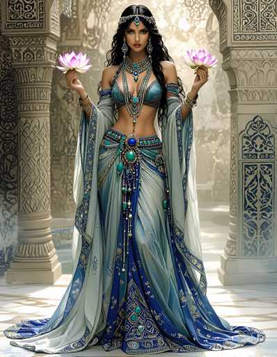 The image portrays a young woman, possibly of Middle Eastern or Indian descent, standing in an ornate, ancient-looking building with intricate columns and a marble floor. She has long, dark hair cascading down to her chest and wears a silver headpiece adorned with blue and green jewels. Her attire is a striking combination of a blue and green bikini top, a flowing blue and green dress with a matching cape, and a belt featuring a prominent blue jewel. She accessorizes with multiple necklaces, bracelets, and rings. In each hand, she holds a pink flower, adding a touch of softness to her regal appearance. The overall scene is richly detailed, with the woman's elaborate costume and the building's architectural elements creating a visually captivating image.