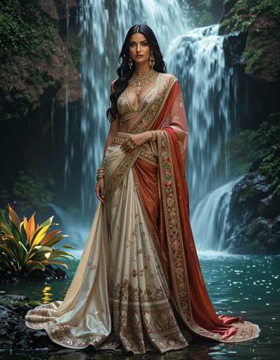 A woman is standing in front of a waterfall wearing an orange and white saree with gold accents and gold jewelry.