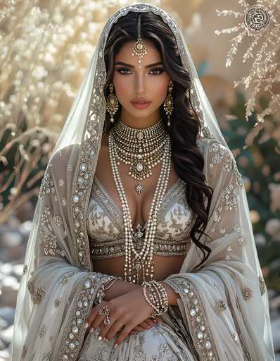 The image features a young woman, possibly of Indian or Middle Eastern descent, dressed in elaborate traditional attire. She has long, wavy brown hair and is adorned with intricate jewelry, including a forehead ornament, large dangling earrings, and multiple necklaces. Her outfit consists of a silver and white bra-like top and a matching skirt, both embellished with intricate designs. She also wears a sheer, embroidered veil that drapes over her head and shoulders, adding to the elegance of her ensemble. The background is blurred, with hints of greenery and possibly a tree, suggesting an outdoor setting. The woman's pose is composed, with her hands resting on her lap, and she gazes directly at the camera, exuding a serene and poised demeanor.