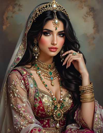 The image depicts a young woman, possibly of Indian or Middle Eastern descent, adorned in traditional attire. She has long, dark brown hair and is wearing a stunning gold headpiece that drapes elegantly over her forehead. Her makeup is meticulously applied, featuring pink blush, dark brown eyeshadow, and pink lipstick. She is dressed in a luxurious red gown embellished with intricate gold and green patterns, and the fabric appears to be sheer in certain areas. The gown is complemented by a matching sheer veil that cascades down her back. Her jewelry is elaborate, including large, ornate earrings, a multi-layered necklace with green and white jewels, and a prominent ring on her left hand. Additionally, she wears several gold bangles on her left wrist. The background of the image is a muted gray with subtle brown accents, which helps to highlight her vibrant attire and ornate accessories.