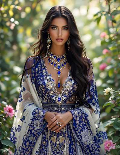 A captivating photograph features a woman with long, dark brown hair cascading over her left shoulder. She is adorned in a stunning blue dress embellished with intricate gold floral patterns. The dress is accentuated by a sheer, white shawl draped elegantly over her shoulders. Her ensemble is completed with a striking blue and gold necklace, which boasts a prominent blue teardrop pendant. She accessorizes with long, dangling earrings that add to her regal appearance. The woman's hands are gracefully folded in front of her, and she wears a large ring on her right hand. The background is a lush garden filled with vibrant pink and white flowers, green leaves, and a hint of yellow sunlight, creating a serene and picturesque setting.