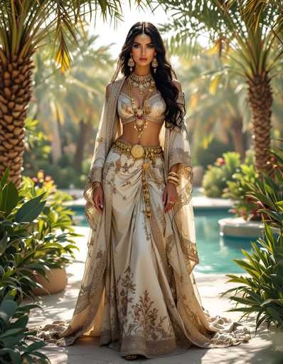 A stunning woman stands gracefully in front of a serene swimming pool, framed by lush palm trees and vibrant greenery. She is adorned in a breathtaking ensemble that includes a flowing white gown with intricate gold embroidery, complemented by a matching bra top. Her attire is accentuated by a large, ornate gold belt featuring a prominent circular buckle. Draped elegantly over her shoulders is a sheer, white shawl with delicate gold detailing. Her long, dark hair cascades down her back, and she wears a striking gold headpiece that rests on her forehead. Adding to her regal appearance are large, dangling gold earrings and an elaborate necklace that features a prominent red jewel. The scene is bathed in natural light, highlighting the intricate details of her attire and the tranquil beauty of her surroundings.