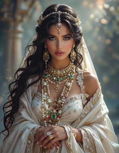 The image portrays a young woman, possibly in her late teens or early twenties, with long, dark brown hair styled in a half-up, half-down fashion. She is adorned in elaborate traditional Indian bridal attire, featuring a cream-colored gown with intricate gold embroidery and a matching shawl. Her ensemble is complemented by an array of ornate jewelry, including a large, jeweled headpiece that drapes elegantly over her forehead, and long, dangling earrings. Around her neck, she wears a grand necklace adorned with pearls, turquoise, and red gemstones, with additional strands of pearls cascading down her chest. Her hands, which are clasped together in front of her, display multiple rings. The background is blurred, suggesting an outdoor setting with trees, and the overall image has a slightly surreal quality, hinting that it might be AI-generated.
