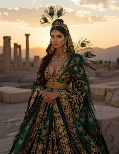 In this captivating image, a woman stands gracefully in front of an ancient ruin, bathed in the warm hues of a setting sun. She is adorned in a stunning, intricately designed dress that appears to be inspired by traditional Indian or Middle Eastern attire. The dress is a deep, rich green, embellished with elaborate gold embroidery that forms floral and vine patterns. 

Her ensemble is further enhanced by a matching green veil, which is adorned with peacock feathers that cascade elegantly down her back. The woman's long, dark hair flows freely, framing her face, which is accentuated by heavy eye makeup and a bold red lipstick. A golden headpiece sits atop her head, featuring a central jewel that dangles gracefully over her forehead, adding to her regal appearance.

The backdrop reveals a series of ancient stone columns and structures, hinting at a historical site. The sky is painted in soft shades of orange and pink, with clouds tinged in gray, adding a dramatic touch to the scene. The overall composition exudes a sense of timeless beauty and cultural richness.