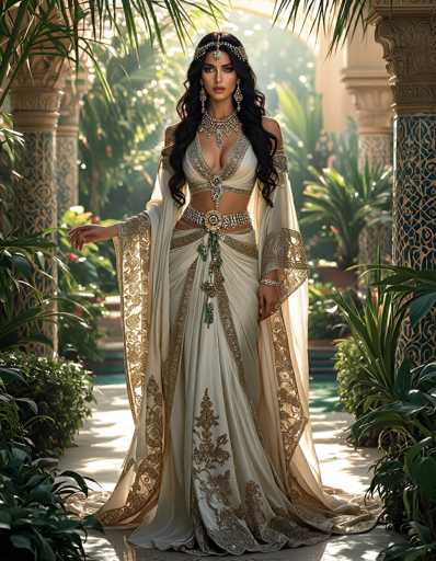 The image depicts a strikingly beautiful woman with long, dark hair cascading down to her waist. She is adorned in an elaborate, cream-colored gown embellished with intricate gold designs. The dress features a low-cut neckline, revealing her cleavage, and a midriff-baring design. Her attire includes a flowing cape with delicate gold embroidery that drapes elegantly around her arms and pools on the floor. She accessorizes with a large, ornate necklace that extends down to her belly button, and a matching headpiece that complements her regal appearance. The woman stands in a lush, tropical garden, framed by tall palm trees and other verdant foliage. She is positioned in front of a series of ornate columns, which are tan with blue and gold accents, adding to the exotic ambiance. The sunlight filters through the palm fronds above, casting a warm glow on the scene. Her pose is graceful, with one arm extended to her side and the other resting by her hip, as she gazes directly at the camera. The overall setting evokes a sense of opulence and mystery, reminiscent of a royal or mythical figure.