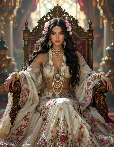 The image depicts a regal woman seated on an ornate, golden throne adorned with intricate floral designs and a red cushion. She wears a flowing, cream-colored gown embellished with pink and red floral patterns, which drapes elegantly over her shoulders and extends to the floor. Her attire includes a matching shawl and a gold belt with a prominent white gem at the center. The woman's long, wavy black hair cascades down her shoulders, adorned with a headband featuring a central jewel and surrounded by pink and white flowers. She accessorizes with large, dangling earrings, a thick gold necklace with a central pendant, and multiple strands of pearls—four or five—dangling from her neck. Her hands rest on the armrests of the throne, showcasing rings on her fingers and bracelets on her wrists. The background is blurred, revealing hints of a grand, golden interior with columns and possibly stained glass windows, enhancing the majestic atmosphere of the scene.
