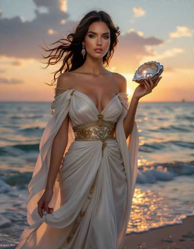 A stunning photograph captures a woman standing on a beach at sunset, her long, dark hair flowing in the wind. She is adorned in a flowing white dress with intricate gold trim, featuring a low-cut neckline and a gold belt around her waist. The dress has a cape-like drape that adds to its elegance. In her left hand, she holds a large, open seashell, its interior gleaming with a golden hue. Her right hand gently holds the fabric of her dress. The background showcases a serene ocean with waves gently lapping at the shore, and the sky is painted in soft shades of pink and blue, with clouds adding depth to the scene. The sun, partially obscured by her figure, casts a warm glow, enhancing the ethereal quality of the image.
