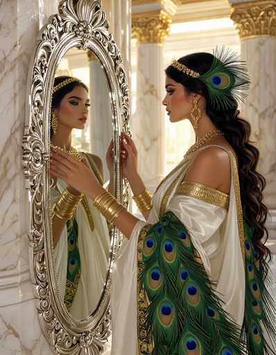 The image depicts a woman standing in front of an ornate, oval-shaped mirror with a silver frame, gazing at her reflection. She is adorned in a white dress with intricate gold trim, and her attire is complemented by a peacock feather headdress that drapes elegantly over her left shoulder. Her long, dark hair cascades down her back, and she wears a gold necklace, large gold earrings, and multiple gold bracelets on both wrists. The background features a luxurious setting with white marble walls and gold accents, including two white pillars with gold trim at the top. The woman's reflection in the mirror captures her poised and regal demeanor, with her hands gently touching the mirror's surface.