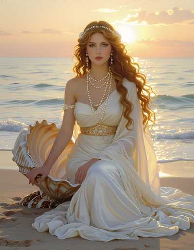 The image depicts a young woman, possibly in her early 20s, seated on a sandy beach at sunset. She has long, wavy, reddish-brown hair adorned with a silver tiara studded with jewels. Her makeup is subtle, featuring light pink lipstick and blush on her cheeks. She wears a white, sleeveless dress with a gold belt around her waist and a sheer, white shawl draped over her left arm. Her right arm is adorned with a diamond armband. Around her neck, she wears three strands of pearls, with the longest strand hanging down to her waist. She is holding a large, white seashell with brown stripes in her right hand. The background features a serene ocean with gentle waves, and the sky is painted in hues of orange and pink, with the sun setting behind her head. The overall scene exudes a tranquil and ethereal atmosphere.