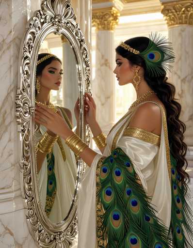 A woman is captured in a moment of reflection within an opulent room with gold columns and marble walls. She stands before a large mirror that reflects her image back at her, wearing a white dress adorned with blue and green peacock feathers. The woman's hands are gently holding a small object, possibly a piece of jewelry or a decorative item.