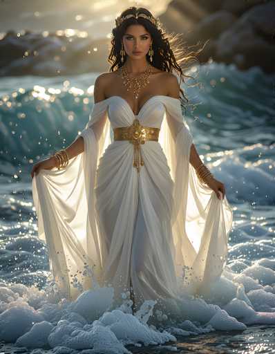 In this captivating image, a woman stands gracefully in the shallow waters of the ocean, her feet submerged in the foamy waves. She is adorned in a stunning white dress that features a deep V-neckline, elegantly revealing her shoulders and chest. The dress is accentuated by a gold belt that cinches her waist, adorned with a prominent gold medallion at the center. The fabric of her dress cascades down in soft folds, and she holds the sides delicately with both hands, causing gentle ripples to spread across the water.

Her long, wavy black hair flows freely, catching the light and adding a dynamic element to the scene. Atop her head, she wears a regal gold crown that complements her ensemble. Around her neck, a thick gold necklace with a central medallion adds to her majestic appearance. Her ears are adorned with long, dangling gold earrings that shimmer in the sunlight.

The background is a serene expanse of ocean, with waves gently rolling towards her. In the distance, a rocky shoreline is visible, adding texture and depth to the composition. The overall scene exudes a sense of ethereal beauty and timeless elegance.