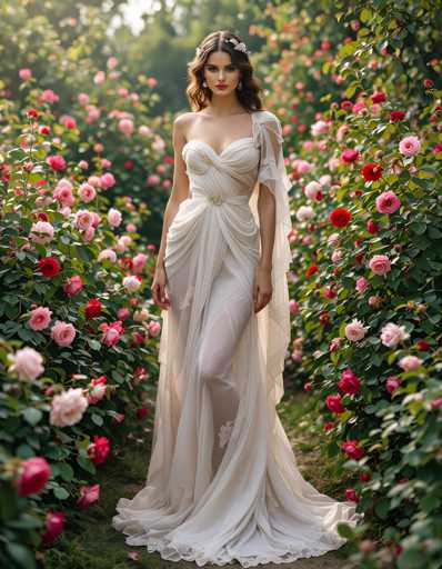 A woman is standing in front of a garden filled with pink and red roses. She is wearing a white wedding dress that has lace detailing on the bodice and skirt. The garden behind her is lush with greenery, creating a serene and romantic atmosphere.