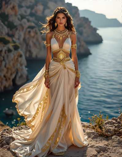 A striking photograph captures a woman standing on a rocky cliff overlooking a serene body of water, possibly a lake or ocean. The backdrop features a picturesque landscape with distant mountains and rocky outcrops, bathed in sunlight. The woman, who appears to be of Caucasian descent, has long, wavy brown hair cascading down her shoulders. She is adorned in an elaborate, ancient-inspired dress that is predominantly white with intricate gold trim. The dress features a deep V-neckline, a midriff-baring design, and a flowing skirt that extends to the ground, with a train trailing behind her. Gold accents embellish her attire, including a prominent necklace, armbands, and bangles on her wrists. Her expression is serious, and she gazes directly at the camera, exuding an aura of timeless elegance. The overall scene evokes a sense of ancient Greek or Roman grandeur, reminiscent of a figure from history or mythology.