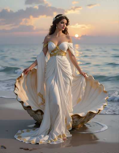 A stunning photograph captures a woman in a flowing white gown adorned with gold trim, standing gracefully on a beach at sunset. The gown, which features a low-cut neckline and a gold belt around her waist, elegantly drapes over her shoulders and extends to the floor. She holds two enormous, white seashells with gold trim, one in each hand, which are as large as her body. Her dark hair is styled in a bun, adorned with a gold tiara, and she wears long, dangling earrings. The serene backdrop includes a calm ocean with gentle waves, a sandy beach, and a sky painted in hues of pink, orange, and blue, with the sun setting on the horizon. The overall scene exudes a sense of ethereal beauty and tranquility.