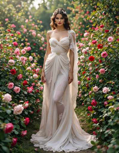In this captivating photograph, a young woman with long, wavy brown hair adorned with a silver floral headpiece stands gracefully in a lush field of roses. Her hair cascades over her shoulders, framing her face, which is highlighted by her striking red lipstick and dark eyes. She wears a stunning white wedding dress that features a sweetheart neckline and a one-shoulder design with a delicate, sheer fabric draped over her left arm. The dress is form-fitting, accentuating her figure, and includes a long, flowing train that extends behind her. Her left leg is elegantly crossed over her right, adding to her poised stance. The background is a vibrant tapestry of pink and red roses, with green leaves interspersed, creating a picturesque and romantic setting. The woman gazes directly at the camera, exuding confidence and beauty in this serene and enchanting scene.