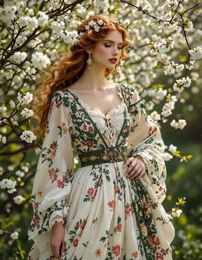 The image depicts a young woman with long, wavy red hair adorned with white flowers, standing in front of a tree covered in white blossoms. She is wearing a cream-colored dress with a green belt and intricate floral patterns in red, pink, and green. The dress features a V-neck with a lace trim and a bow tie at the center. Her makeup includes red lipstick, and she is wearing gold earrings. The woman is looking down, with her eyes closed, and her hands resting by her sides. The background is blurred, emphasizing the woman and the tree behind her.