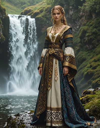 In this captivating image, a woman stands gracefully in front of a majestic waterfall, which cascades down a rugged cliff adorned with lush greenery. She is dressed in an elaborate, medieval-style gown that exudes elegance and sophistication. The gown features a striking combination of colors: the upper part is a pristine white, while the lower part is a deep blue, adorned with intricate gold patterns that resemble ancient symbols. The dress is further embellished with a black belt that cinches at her waist, and the sleeves are long and flowing, adding to the gown's regal appearance. Her hair, a rich brown, is styled in a ponytail that drapes over her left shoulder, and she wears a delicate necklace that complements her attire. The woman gazes directly at the camera with a serene expression, her hands resting gently at her sides. The scene is set on a rocky surface near the base of the waterfall, with the water splashing around her feet, creating a picturesque and tranquil atmosphere.