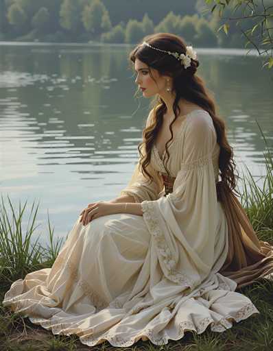In this captivating photograph, a young woman with long, dark brown hair adorned with white flowers sits gracefully on a grassy bank beside a serene lake. She is dressed in an elegant, cream-colored gown with intricate lace detailing and a low-cut neckline, which flows elegantly to the ground. Her hair is styled in a loose bun at the nape of her neck, with delicate tendrils framing her face. She wears a delicate headband with white pearls and a silver chain, adding a touch of regal elegance to her appearance. Her makeup is subtle yet striking, with a hint of red lipstick and a touch of blush on her cheeks. The woman gazes thoughtfully to the left, her hands resting gently on her lap. The tranquil lake behind her reflects the lush green trees and the soft light of the early morning or late afternoon, creating a picturesque and peaceful setting. The overall scene exudes a timeless beauty, reminiscent of a fairy tale or a Renaissance portrait.