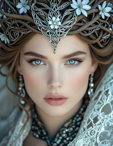 This image features a close-up of a woman with striking blue eyes and brown hair, adorned with an elaborate silver crown. The crown, intricately designed with white flowers and branches, sits atop her head, with a prominent jewel hanging between her eyebrows. Her makeup is subtle, with light pink lipstick and a touch of blush on her cheeks. She wears long, dangling earrings that complement her regal appearance. Her attire includes a dark green, sparkly top, possibly a dress, with a V-neck that adds to her elegant look. The background is blurred, emphasizing her face and the crown, giving the impression of a professional photo shoot. The overall color palette of the image is dominated by shades of blue, white, and green, enhancing the ethereal quality of the portrait.