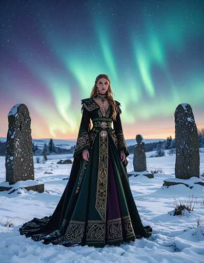 A captivating photograph showcases a woman standing in a snowy landscape, adorned in an elaborate, old-fashioned dress. The dress, reminiscent of medieval or Renaissance attire, features a deep V-neckline and long sleeves that extend to her wrists. The garment is a rich tapestry of colors, predominantly green with intricate gold and purple patterns woven throughout. The dress is cinched at the waist with a belt, and its voluminous skirt flares out dramatically, reaching the ground and creating a striking train behind her.

Her long, wavy blonde hair cascades down, framing her face, which is accentuated by bold red lipstick. She stands with her hands at her sides, exuding a sense of quiet strength and elegance. The backdrop is a mesmerizing display of the Northern Lights, with vibrant streaks of green and purple dancing across the night sky. The scene is further enhanced by the presence of ancient stone pillars, snow-capped and scattered around her, adding to the timeless and mystical atmosphere of the image.