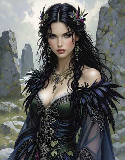 A woman with long dark hair and a black dress adorned with feathers stands against the backdrop of a rocky landscape. The sky above is overcast, casting a soft light on her figure. She wears a necklace that glimmers in hues of blue and green, adding to the overall aesthetic of the scene.