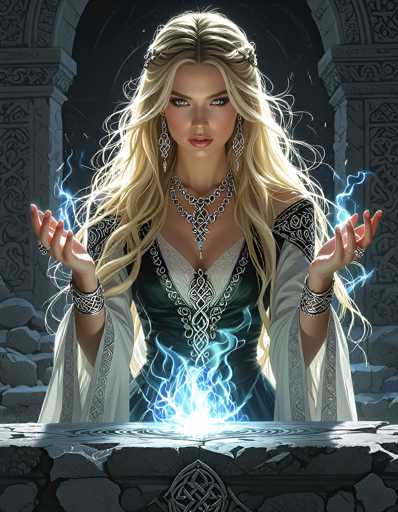 The image depicts a young woman with long, wavy blonde hair cascading past her shoulders. She is adorned in an elaborate outfit that combines a black dress with intricate white designs, including a prominent Celtic knot pattern. Over this, she wears a white robe or cloak with black accents, which drapes elegantly around her. Her attire is complemented by silver jewelry, including a large, ornate necklace with a Celtic knot centerpiece, long dangling earrings, and silver bracelets on both wrists. The woman's hands are raised, palms facing forward, with a striking blue light emanating from her fingertips. This light forms a glowing, circular pattern on a stone surface in front of her, resembling lightning or an electric aura. The background features a dark, archway-like structure with stone walls, enhancing the mystical and enchanting atmosphere of the scene.