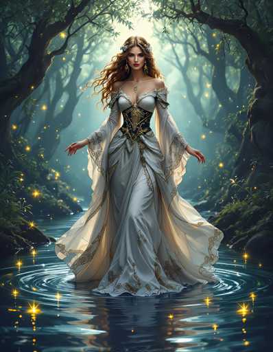 In this captivating fantasy illustration, a young woman with long, wavy reddish-brown hair adorned with flowers and green leaves stands gracefully in a serene, dark blue pond. She is dressed in an elaborate, off-the-shoulder white gown featuring intricate gold and blue patterns, a corset-like bodice, and a flowing skirt. Her gown is complemented by sheer white sleeves with delicate gold designs. The woman's pose is elegant, with her arms extended to her sides, palms facing down, and her head slightly tilted to the left, gazing directly at the viewer. Surrounding her, the water shimmers with golden light, creating ripples and reflections. The background is a mystical forest with tall, dark trees and lush greenery, illuminated by a soft, ethereal light that enhances the enchanting atmosphere of the scene.