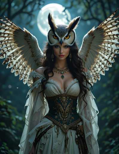 In this captivating image, a woman stands poised in a lush forest, her presence accentuated by the full moon glowing behind her. She is adorned in a striking white dress with intricate gold and blue details, featuring a corset-like bodice that ties at the waist. Her long, dark brown hair cascades down her shoulders, framing her face, which is highlighted by bold red lipstick and expressive brown eyes. Around her neck, she wears a large, ornate gold necklace with a prominent blue pendant. 

Perched atop her head is a majestic owl mask, its piercing yellow eyes and black beak adding an air of mystique. The owl's wings, a mix of white and brown feathers, extend gracefully from her back, creating an illusion of wingspan. The background is a serene night forest, with trees and leaves softly illuminated by the moonlight, enhancing the enchanting and otherworldly atmosphere of the scene.