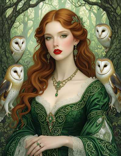 A woman with long red hair and a green dress is the central figure in this illustration. She has her hands placed on her hips and is looking directly at the camera. The background features a forest filled with trees and owls, creating an atmosphere of mystery and intrigue.