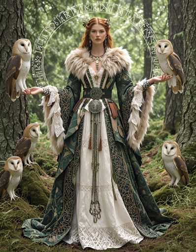 In this captivating image, a woman stands gracefully in a lush forest, surrounded by towering trees and vibrant greenery. She is adorned in a striking, elaborate dress that features a white skirt and a green top, complemented by a black belt. Her attire is accentuated with intricate gold designs and a luxurious fur collar that extends down her arms. The woman's long, flowing red hair cascades down her back, and she wears an ornate necklace with a prominent pendant. Her pale complexion is highlighted by her red lips, and she gazes directly at the camera with a serene expression.

Her arms are outstretched, each hand holding an owl. The owls are predominantly white with brown wings, and there are four additional owls perched on rocks around her. The scene is framed by a circular arrangement of symbols, adding an air of mystique and ritualistic significance to the image. The overall composition exudes a sense of enchantment and ancient wisdom, capturing a moment of ethereal beauty in the heart of nature.