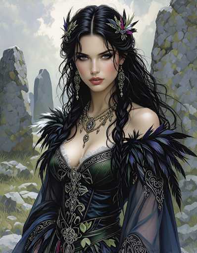 A stunning digital painting of a fantasy woman in an elaborate, dark green and black gown. The woman has long, flowing black hair adorned with feathers and floral accents. She wears intricate jewelry, including a multi-layered necklace and dangling earrings. Her expression is serene yet captivating, with piercing green eyes. The background features a mystical landscape of ancient stone formations and lush greenery under a soft, cloudy sky. The overall style is detailed and painterly, with a focus on texture and light.