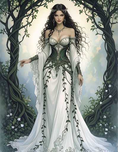 The image depicts a highly detailed, computer-generated illustration of a woman standing in a lush, forested area. She is adorned in an elaborate, medieval-style dress that combines elements of white and green. The dress features a low-cut neckline, a corset-like bodice, and long sleeves that extend to her wrists. The skirt of the dress is white with intricate green vines and leaves woven into the fabric, and it flares out at the bottom, reaching the ground.

Her long, wavy black hair cascades down her back, and she wears a silver tiara or crown that complements her striking blue eyes. She accessorizes with long, dangling earrings and a silver necklace. Her pose is graceful, with one arm extended to her side and the other pointing towards the left.

The background is a serene forest scene, with two large trees on either side of her, their trunks and branches intertwined with vines and adorned with white flowers. The sky behind her is a soft blue, dotted with white clouds, adding to the ethereal quality of the image. The overall composition exudes a sense of fantasy and elegance, reminiscent of a character from a high-fantasy video game or a fairy tale.